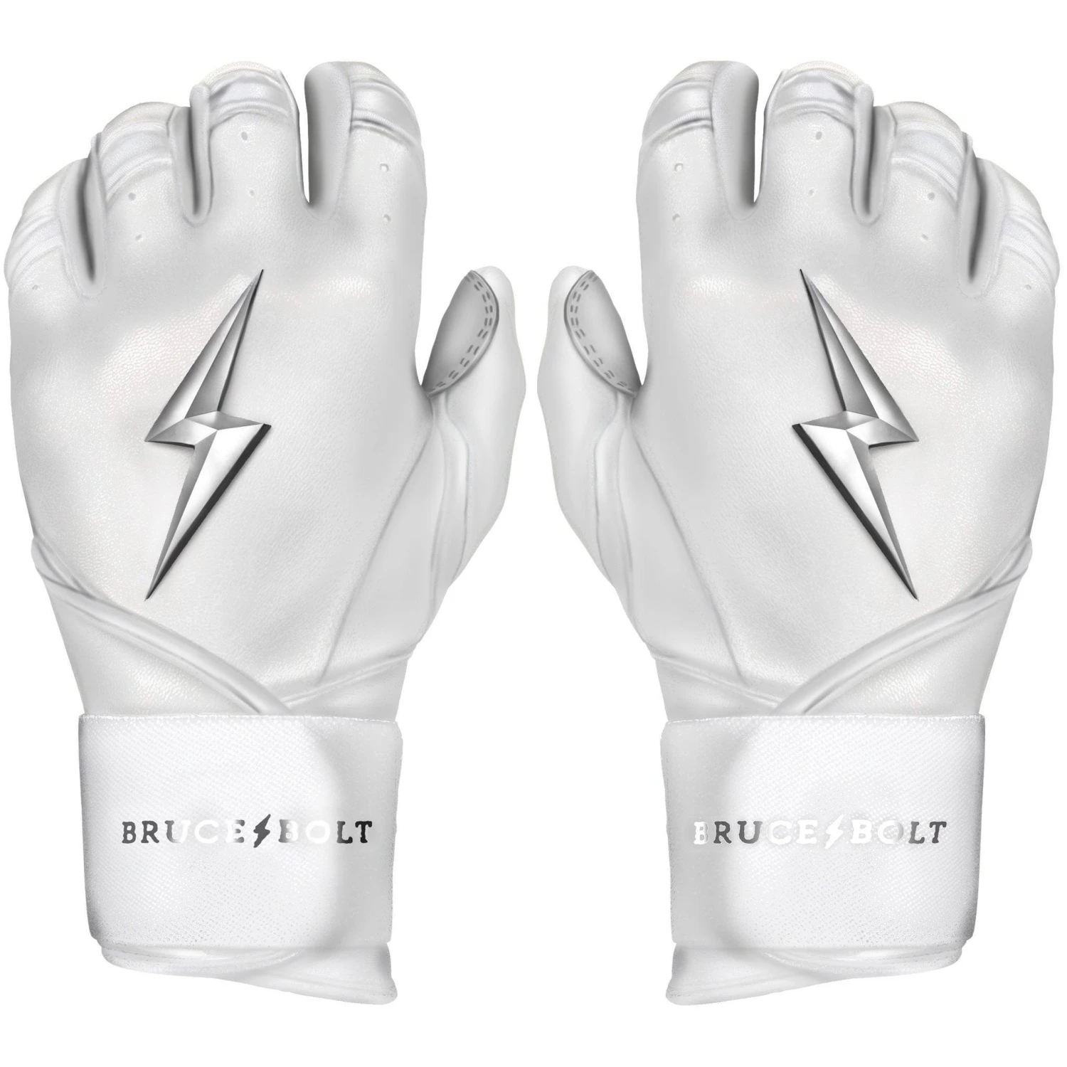 Bruce Bolt PREMIUM PRO Chrome Series Long Cuff Batting Gloves: White 1 Bruce Bolt PREMIUM PRO Chrome Series Long Cuff Batting Gloves: White