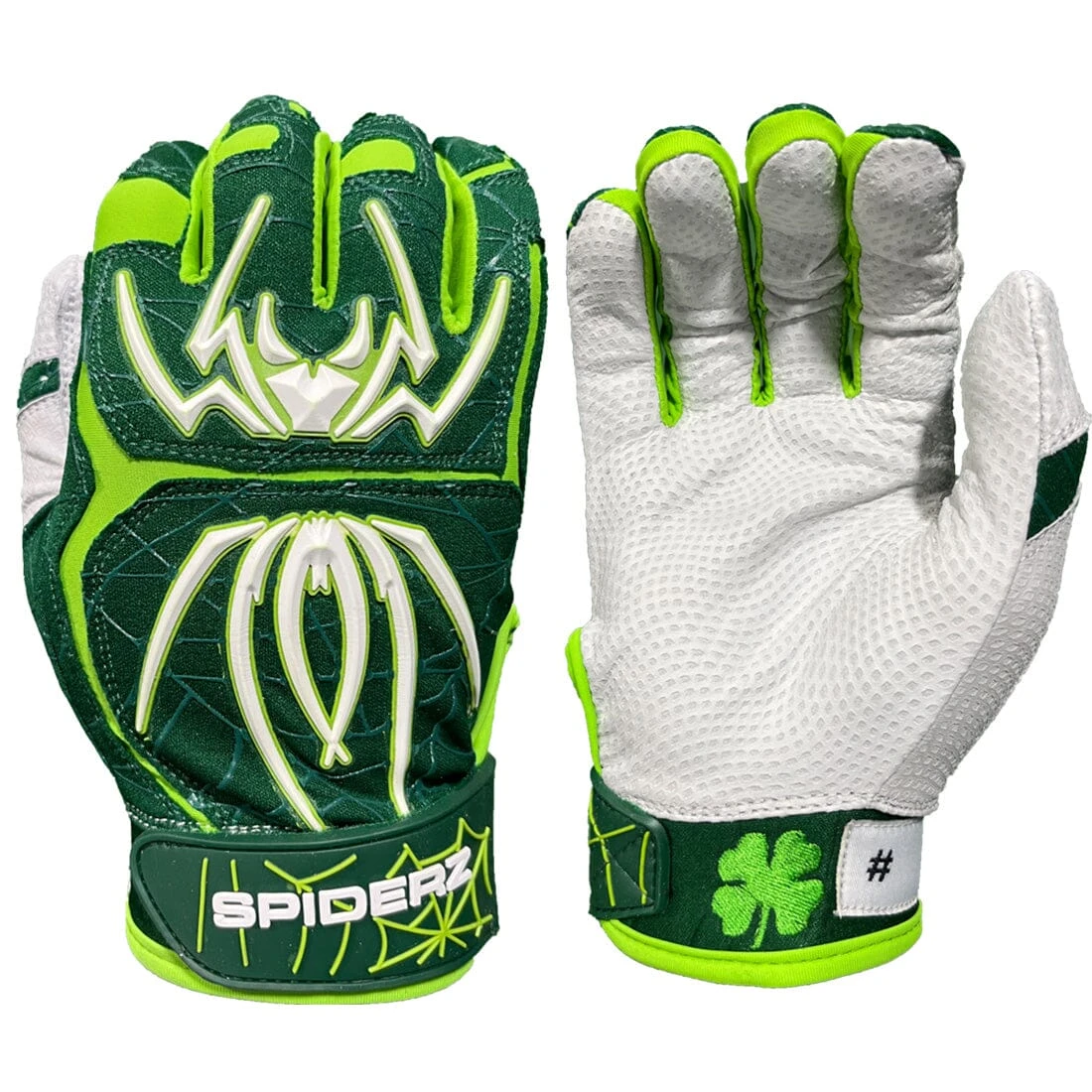 2023 Spiderz Ltd Ed "Lucky" ENDITE Batting Gloves: Dark Green/Kelly Green/White 1 2023 Spiderz Ltd Ed "Lucky" ENDITE Batting Gloves: Dark Green/Kelly Green/White